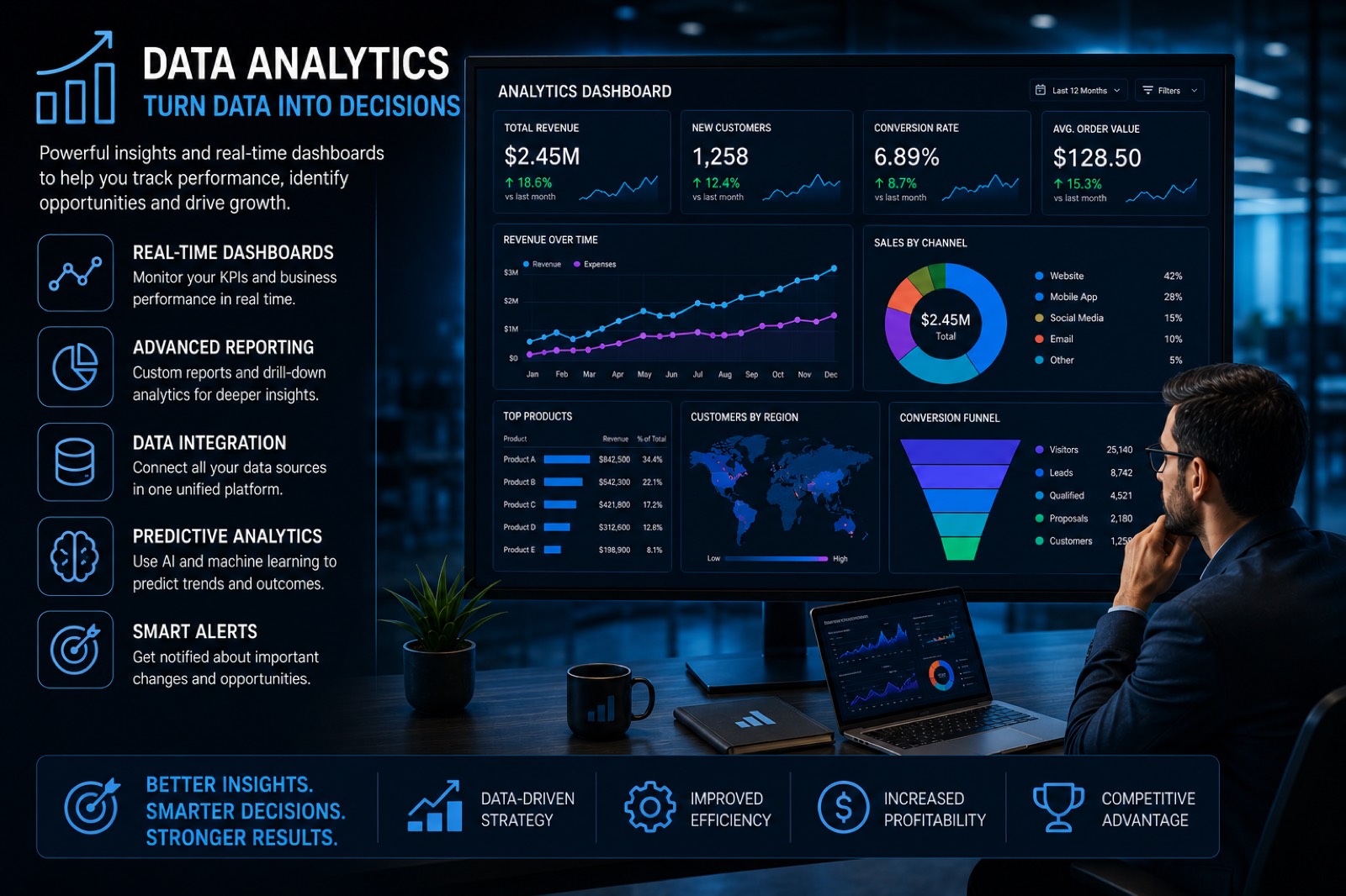 Executive analytics dashboard: revenue, conversion, channels and funnel