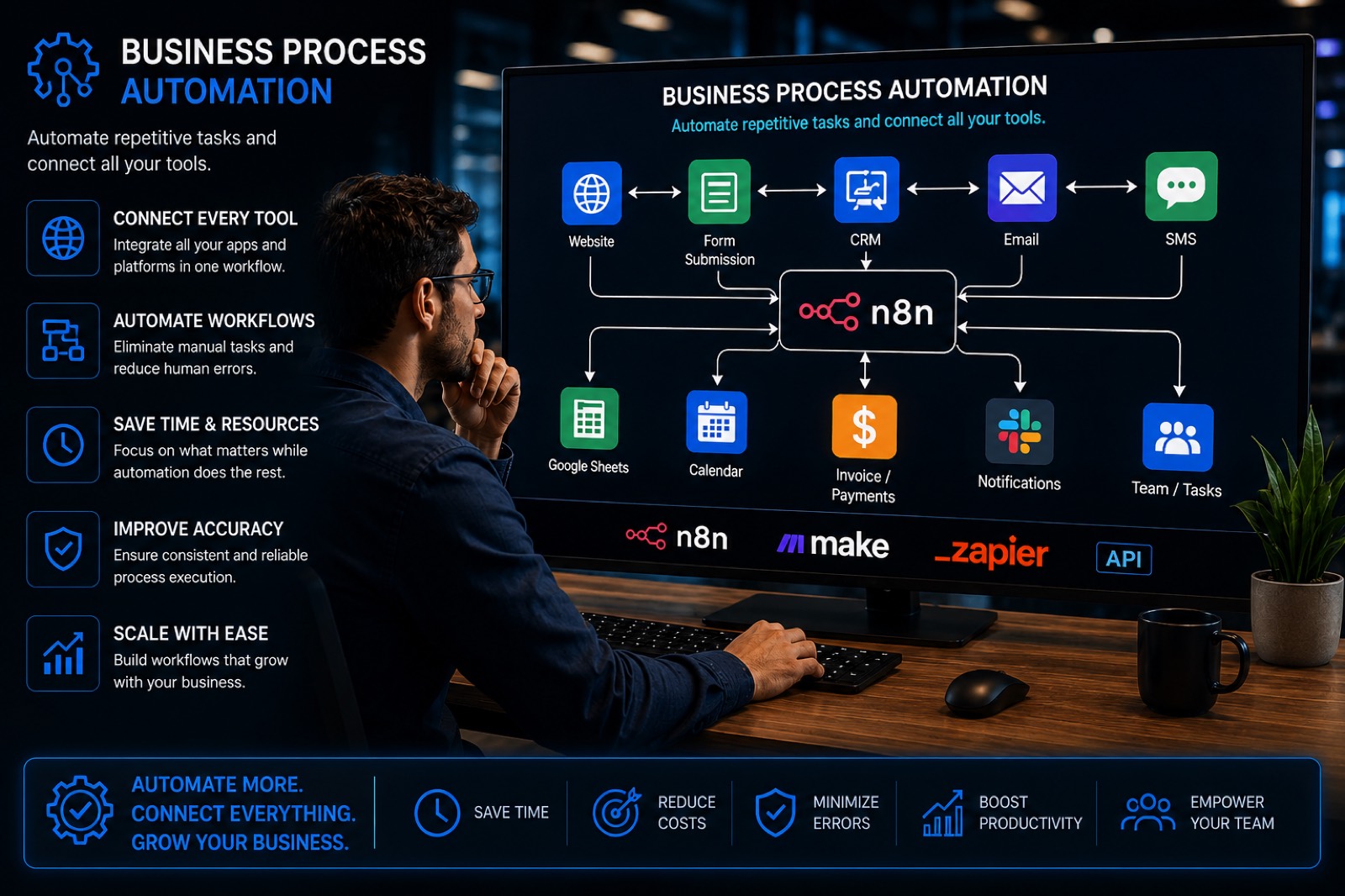 Business process automation flow connecting website, CRM, email, SMS and tools