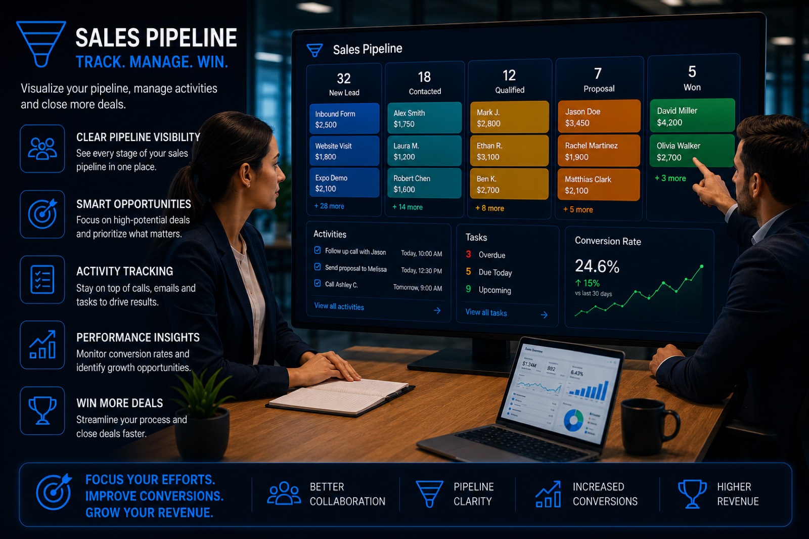 Sales pipeline board: new, contacted, qualified, proposal and won stages