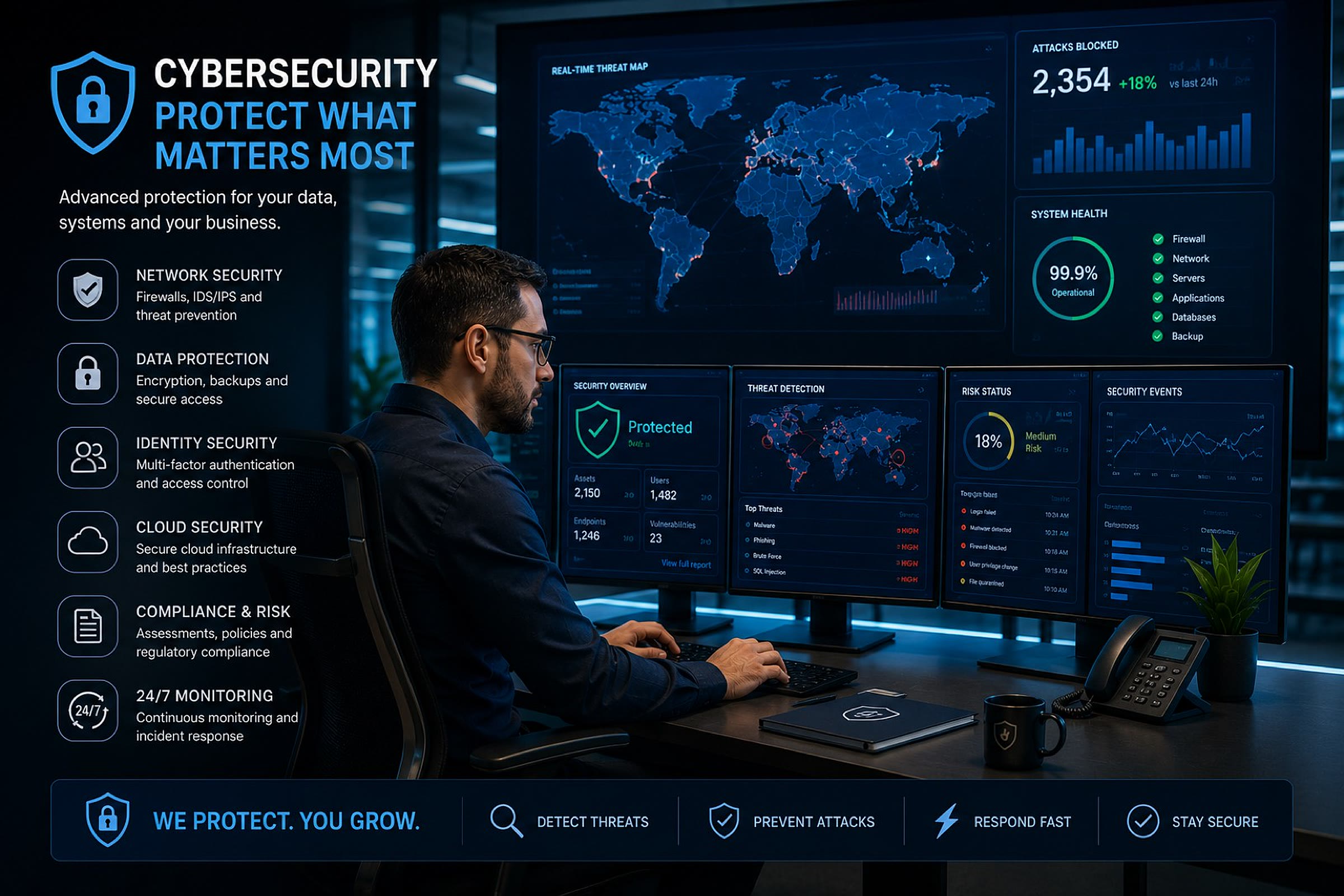 Cybersecurity operations dashboard: threat map, attacks blocked and system health